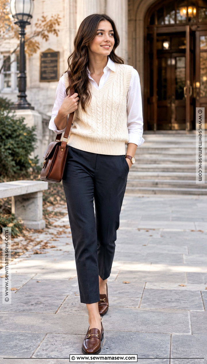 White Shirt And Sweater Vest Fall Outfit - 25 classy fall outfits