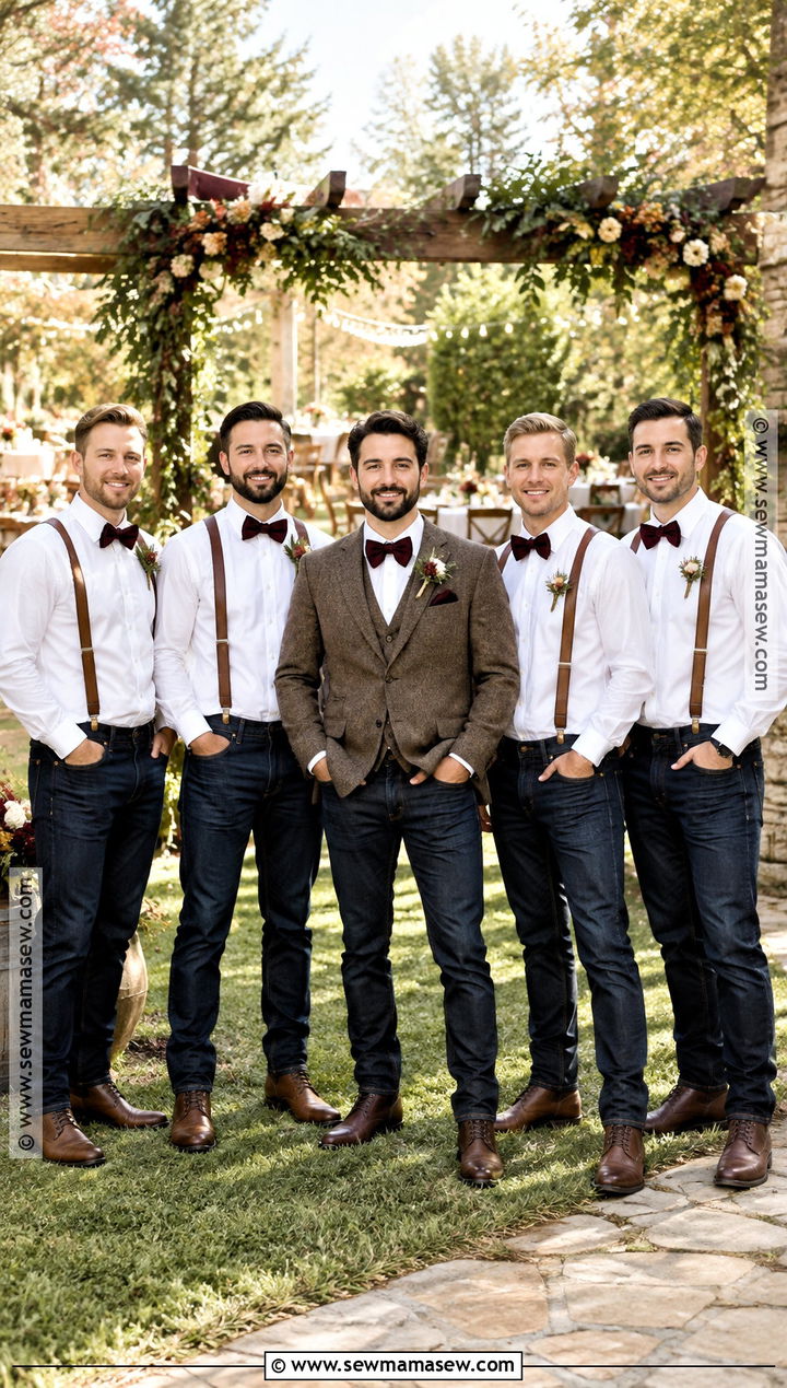 White Shirt Groomsmen Outfit With Jeans And Suspenders - 15 fall wedding groomsmen attire jeans