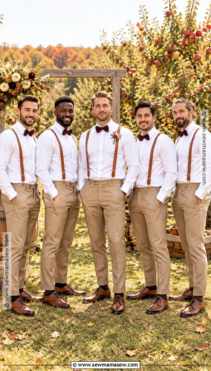 White Shirt With Brown Leather Suspenders - 15 fall wedding groomsmen attire suspenders ideas