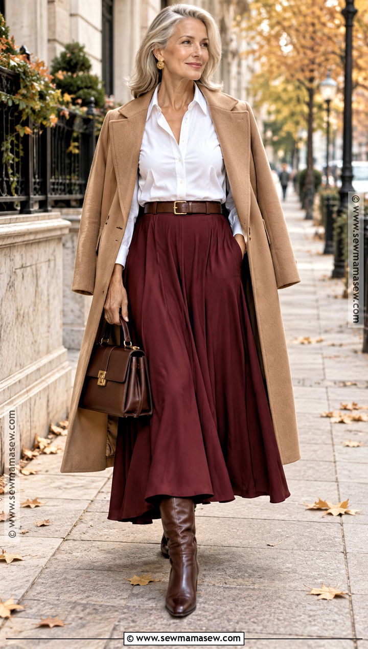 White Shirt With Burgundy Maxi Skirt - 15 fall skirt and shirt outfits