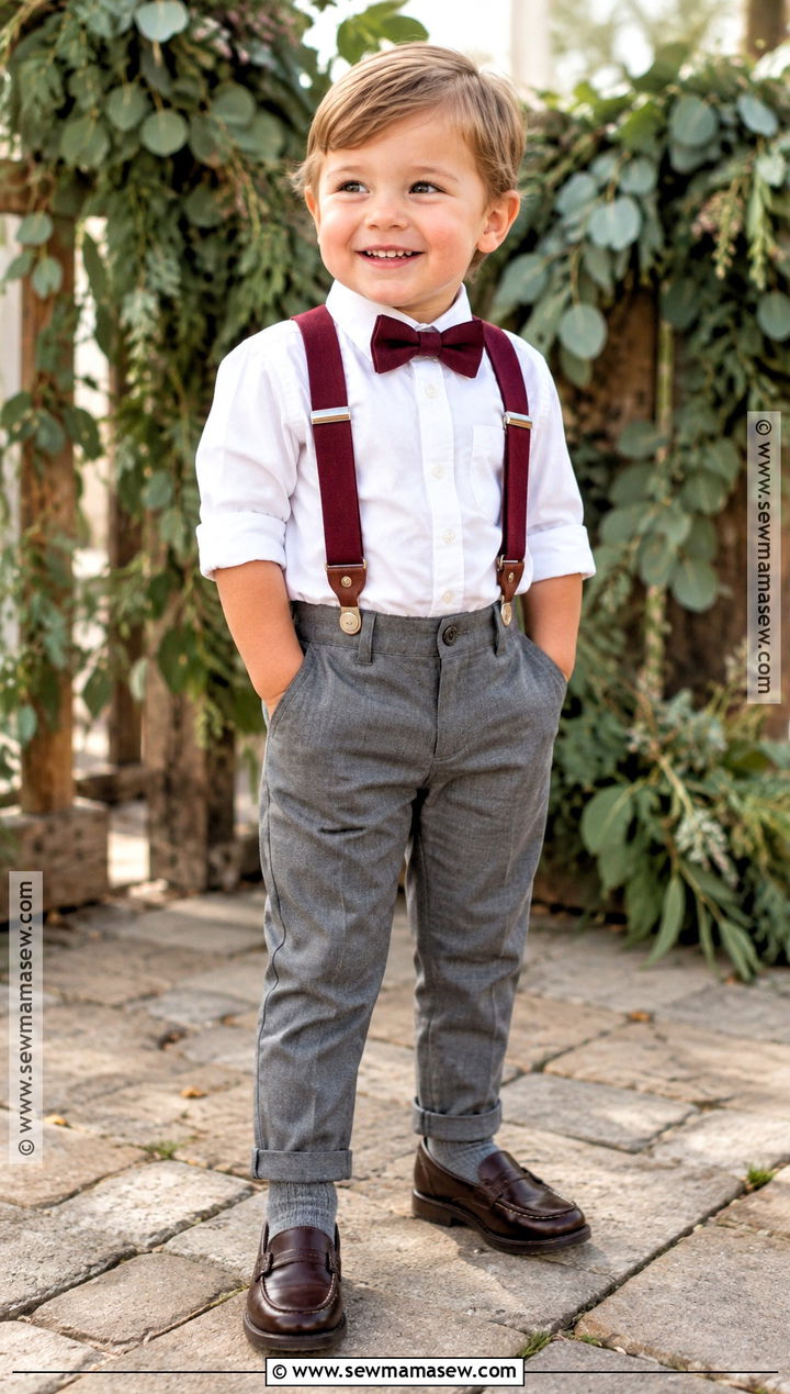 White Shirt With Burgundy Suspenders And Gray Pants - 15 ring bearer outfit fall wedding ideas