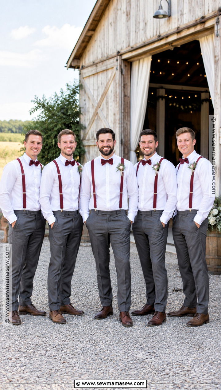 White Shirt With Burgundy Suspenders And Gray Trousers - 15 burgundy groomsmen attire fall wedding ideas