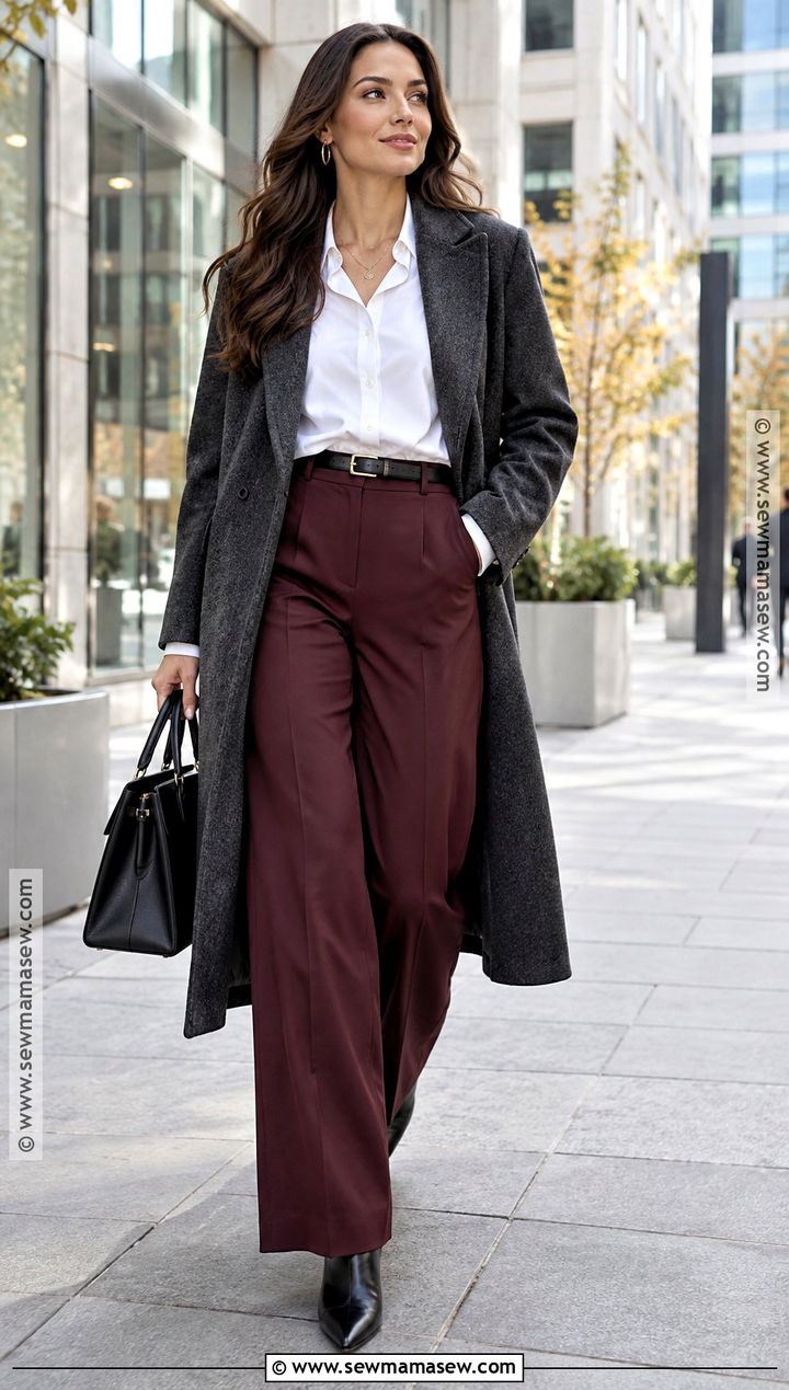 White Shirt With Burgundy Trousers And Wool Coat - 20 white shirt outfit autumn ideas