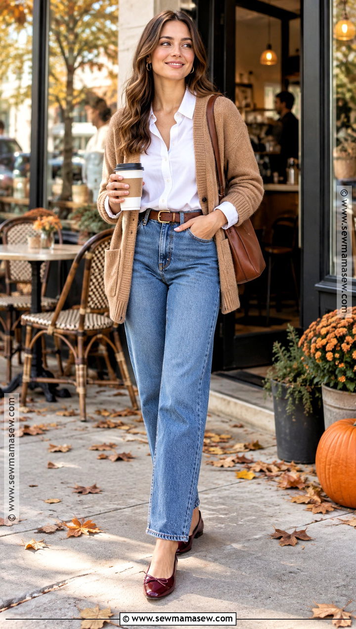 White Shirt With Jeans And Camel Cardigan - 20 white shirt outfit autumn ideas