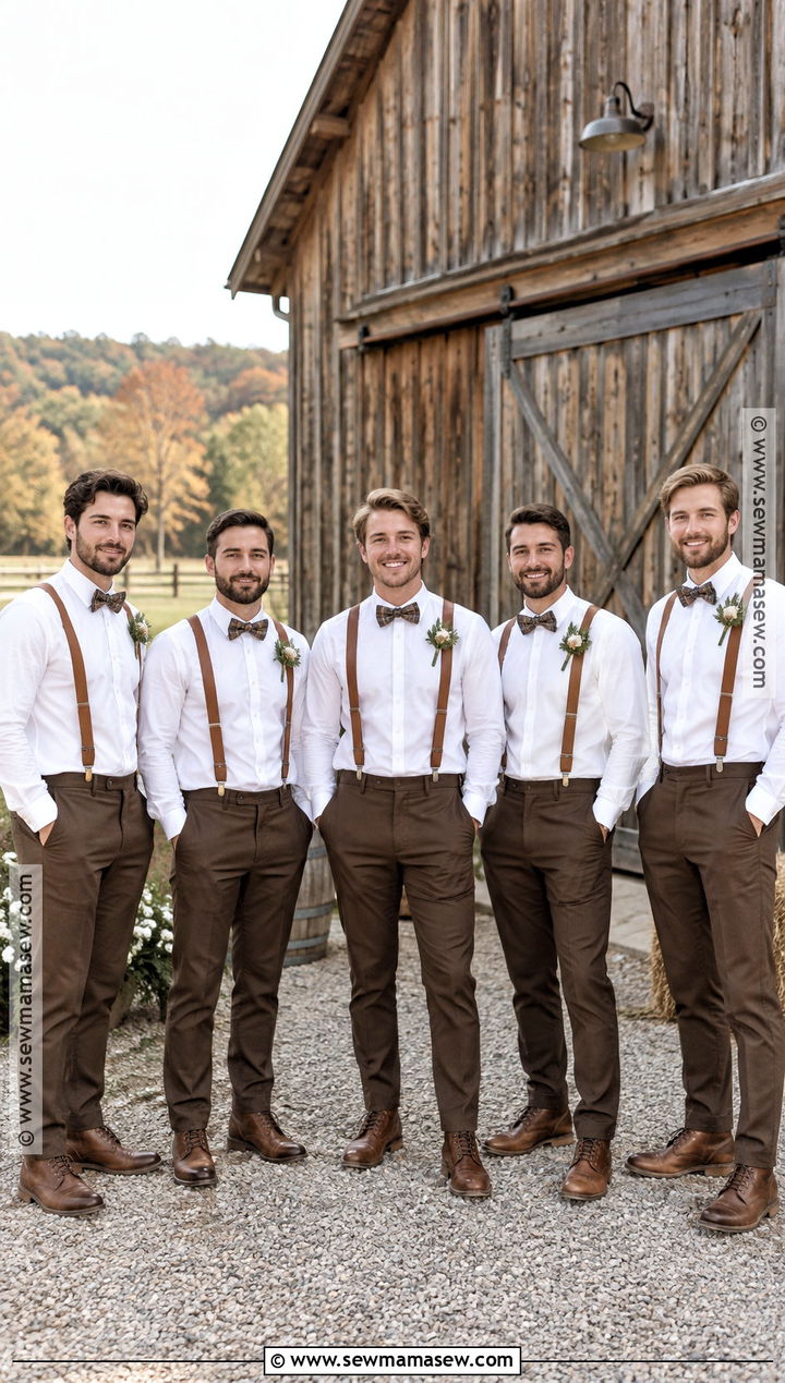 White Shirt With Leather Suspenders And Brown Trousers - 20 fall groomsmen attire rustic ideas