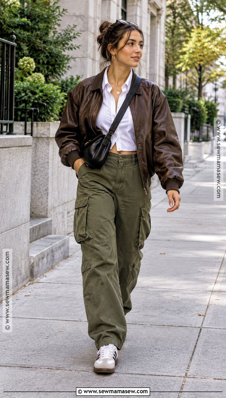 White Shirt With Olive Cargo Pants And Bomber Jacket - 20 white shirt outfit autumn ideas