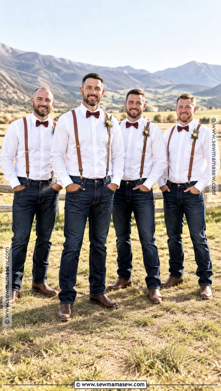 White Shirt With Suspenders And Dark Jeans - 15 fall wedding groomsmen attire suspenders ideas
