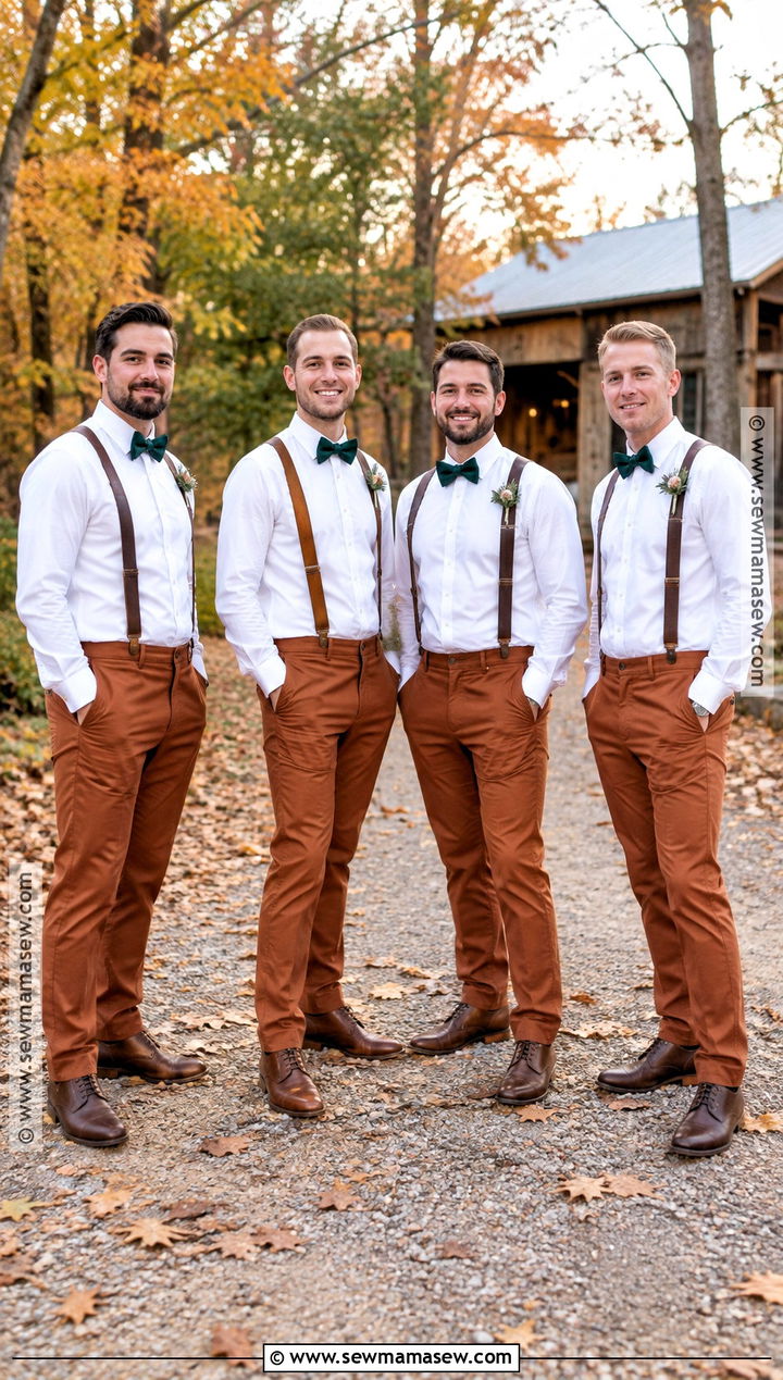 White Shirt With Suspenders And Rust Trousers - 15 fall rustic groomsmen attire ideas