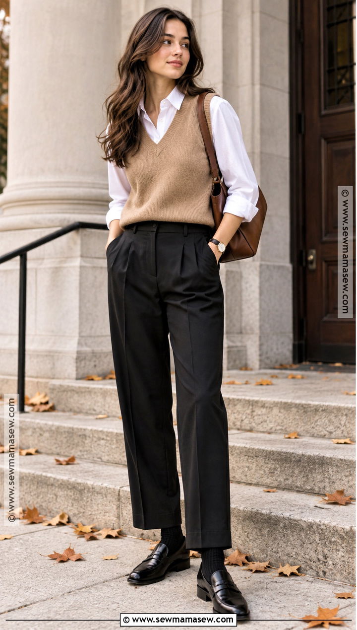 White Shirt With Sweater Vest And Pleated Trousers - 20 white shirt outfit autumn ideas