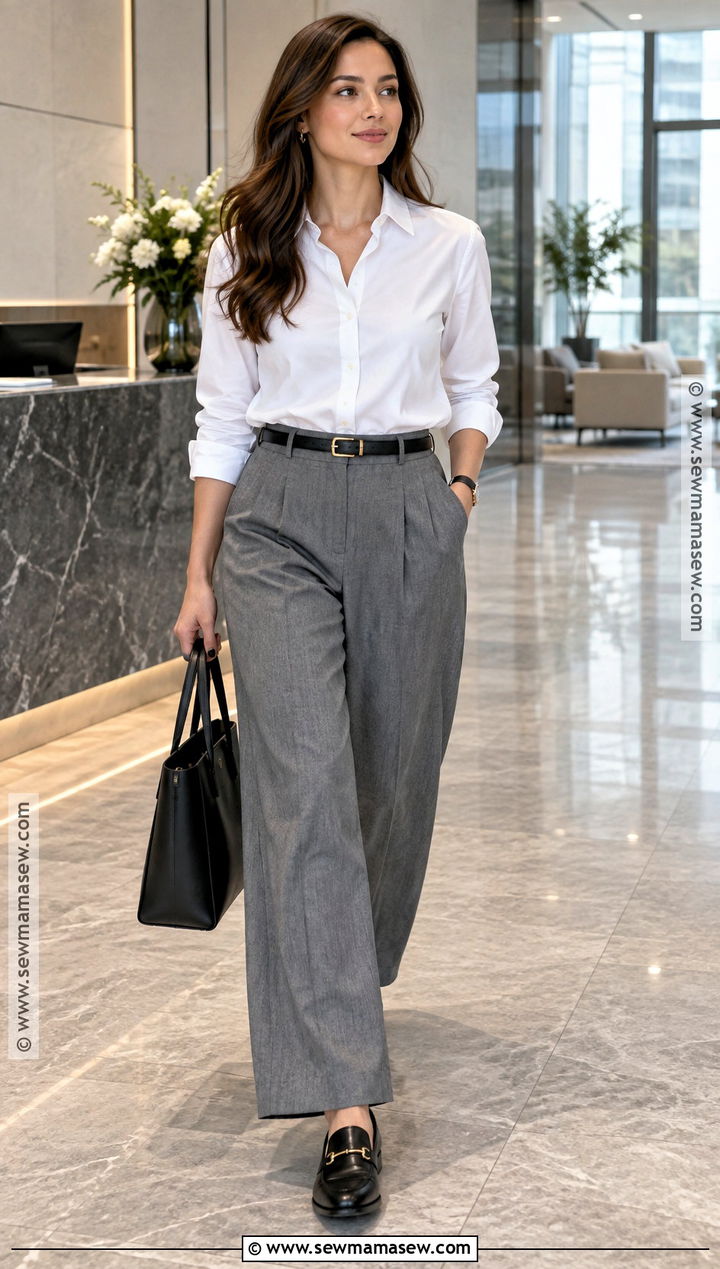 White Shirt and Tailored Trousers Fall Office Outfit - 15 office outfits women 2026 fall