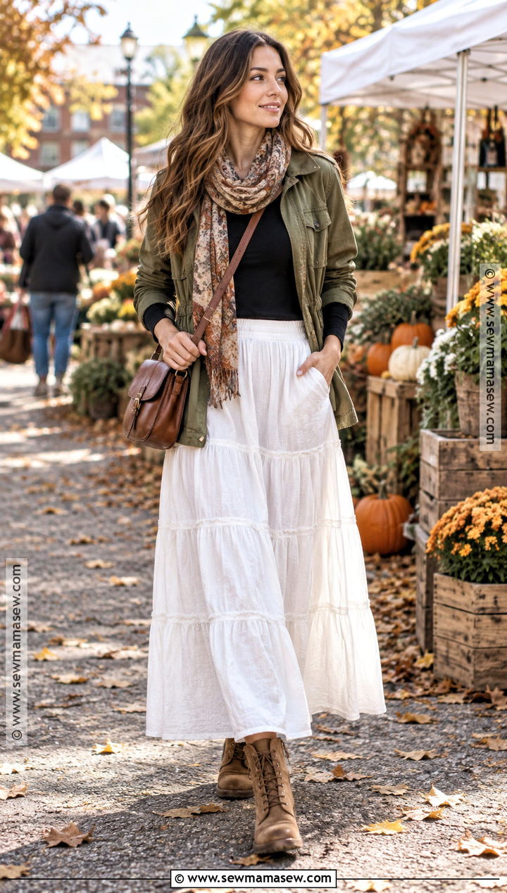White Skirt With Olive Utility Jacket - 25 white skirt outfit autumn ideas