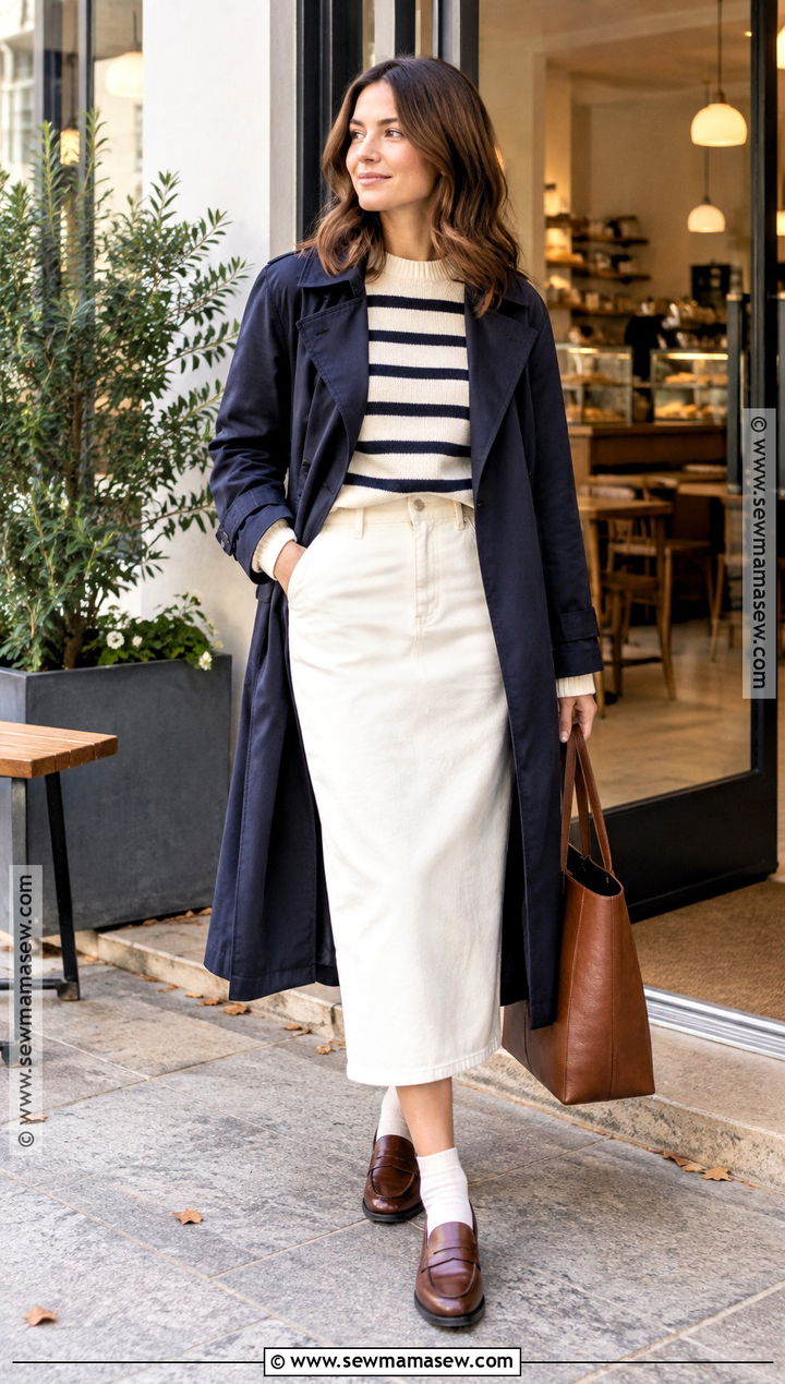 White Skirt With Striped Knit And Loafers - 25 white skirt outfit autumn ideas