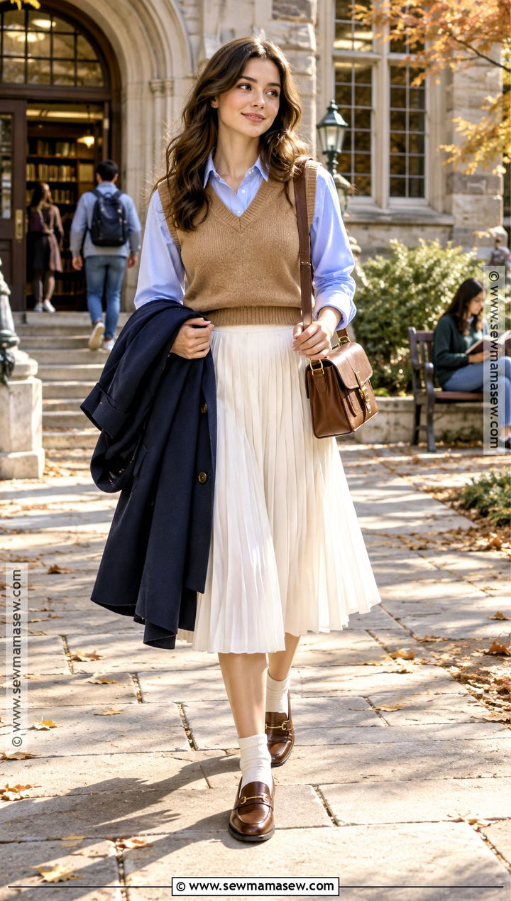 White Skirt With Sweater Vest And Shirt - 25 white skirt outfit autumn ideas