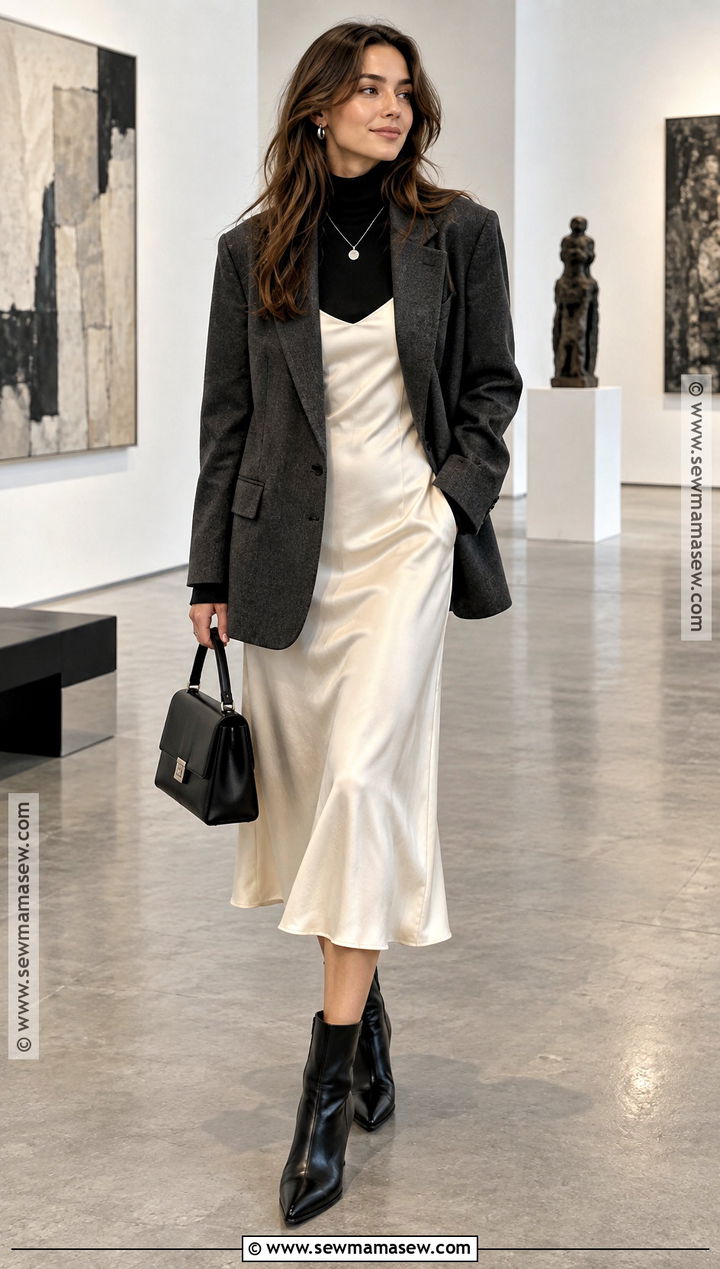 White Slip Dress With Oversized Blazer - 15 fall white dresses