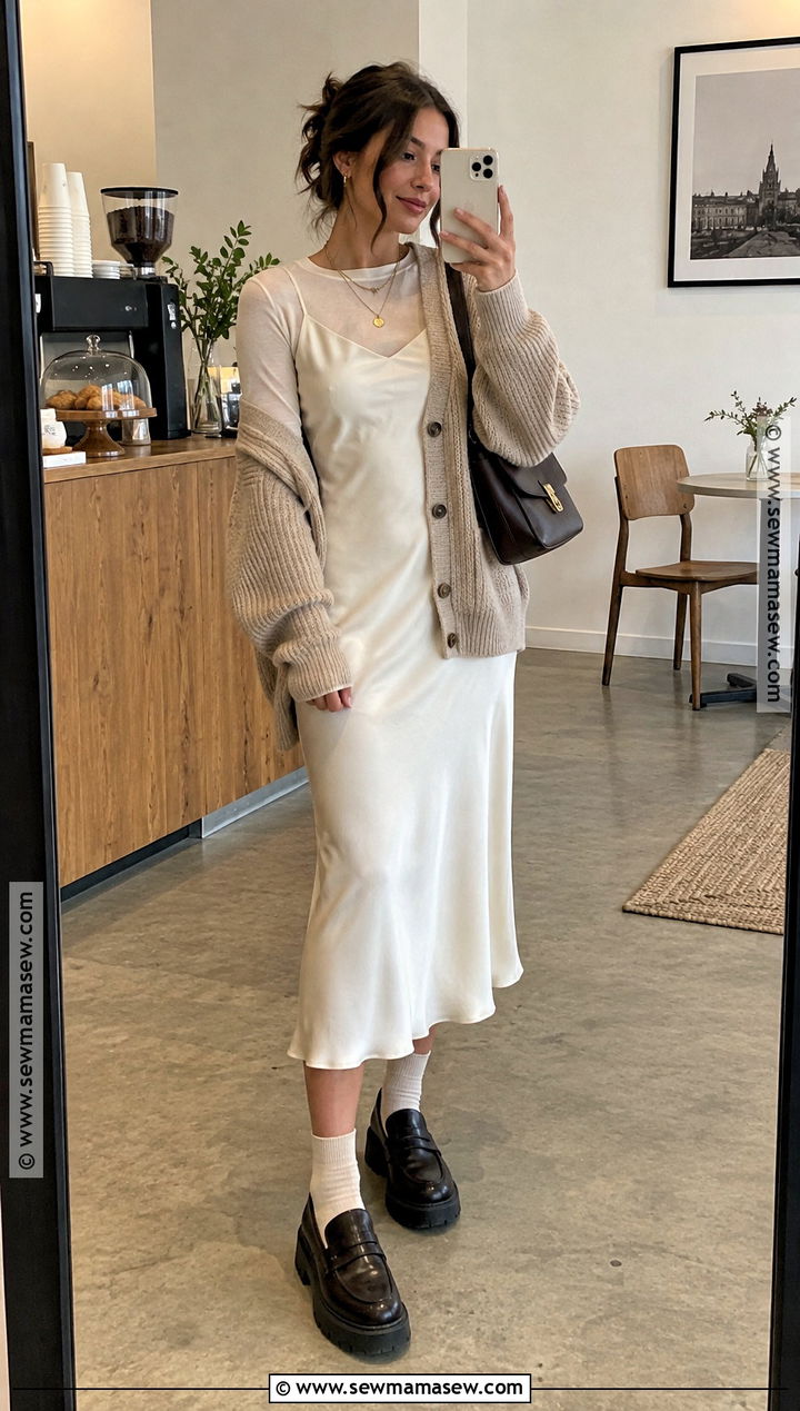 White Slip Dress With Oversized Cardigan And Loafers - 20 white dress fall outfit ideas