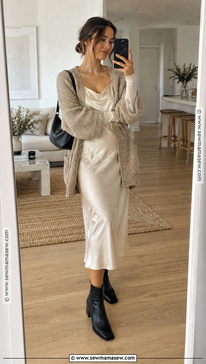 White Slip Dress With Oversized Cardigan - 20 white dress autumn outfit ideas