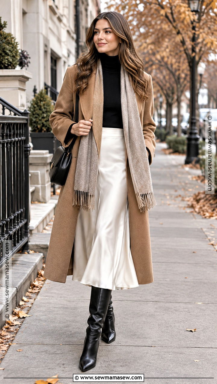 White Slip Skirt With Long Wool Coat - 20 fall outfit white skirt ideas