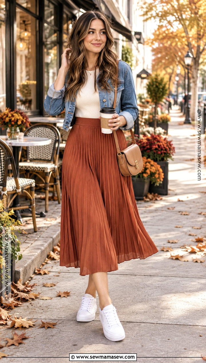 White Sneakers With Midi Skirt And Denim Jacket - 15 Casual Fall Sneaker Outfits