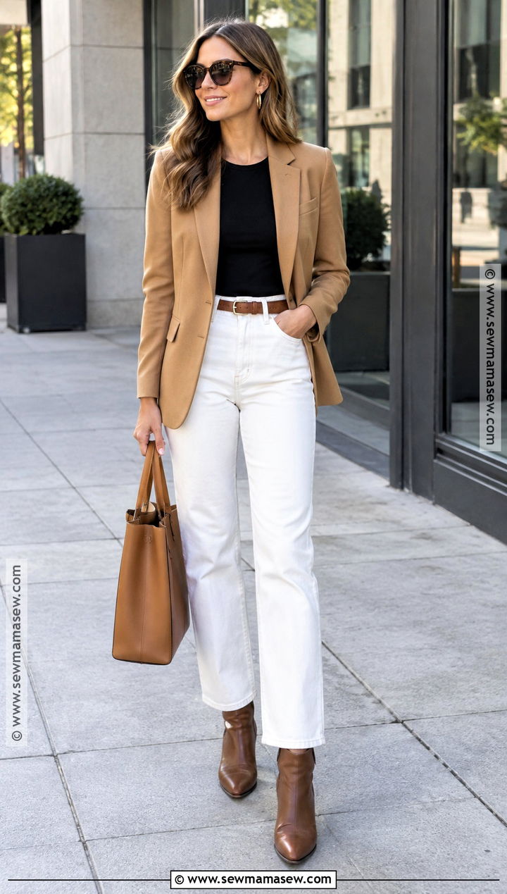 White Straight Leg Jeans With Camel Blazer - 15 White Pants For Fall