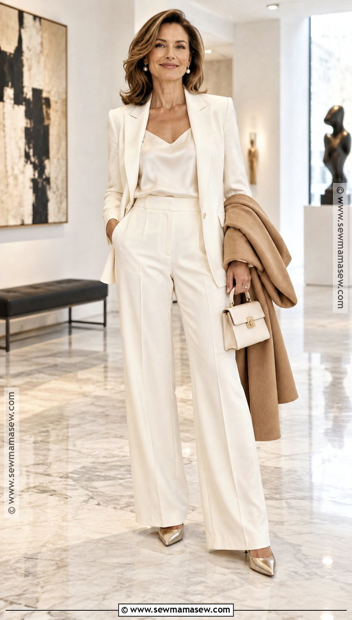 White Suit November Birthday Outfit With Satin Camisole - 25 november birthday outfit ideas