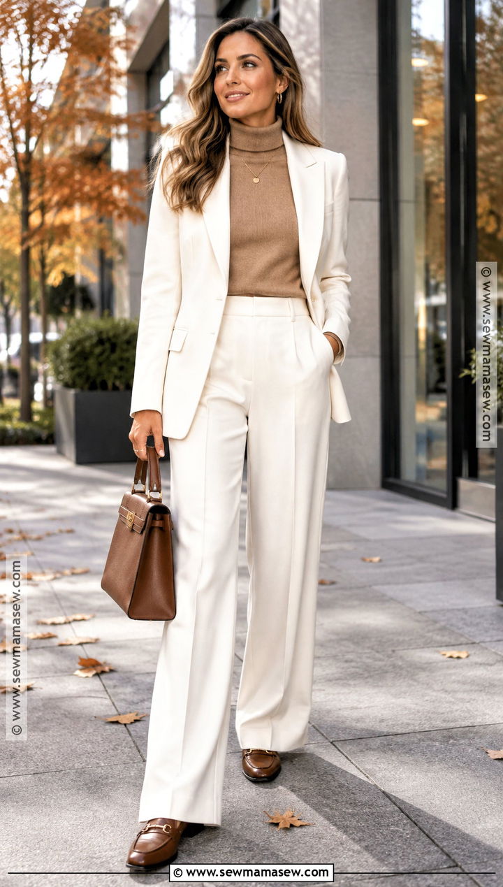 White Suit With Turtleneck And Loafers - 25 white fall outfit ideas