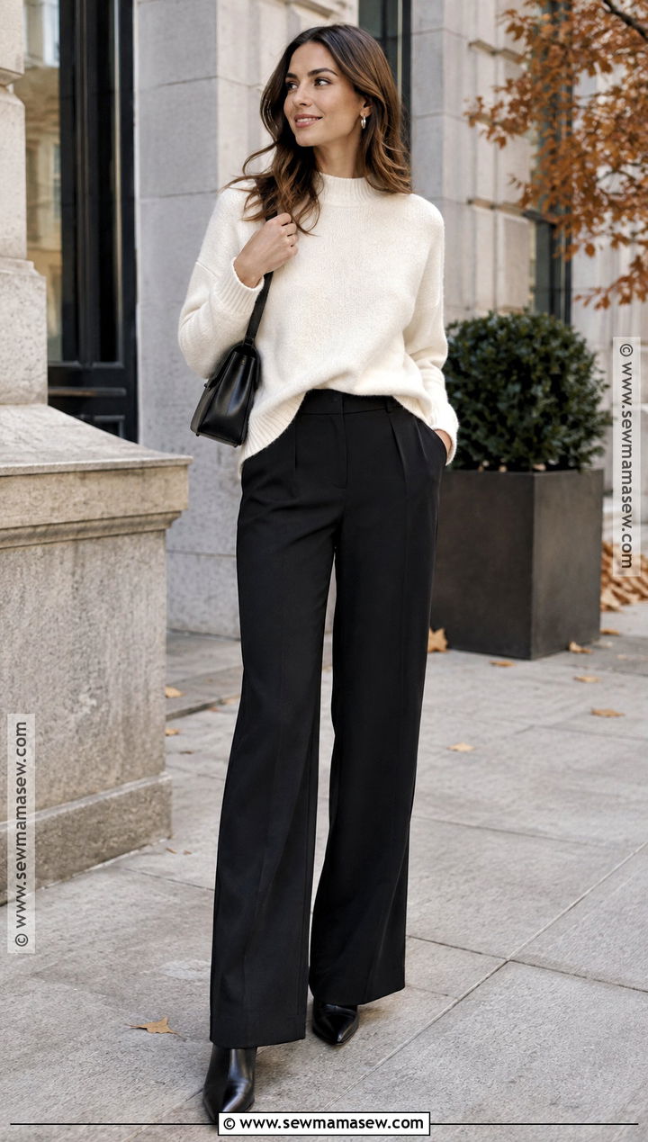White Sweater And Black Wide Leg Pants Fall Photo Outfit - 15 Black And White Fall Photo Outfits