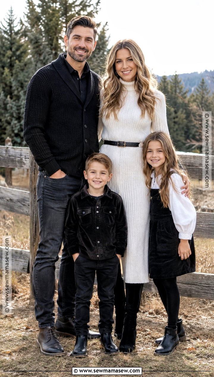 White Sweater Dress And Black Layered Family Outfit - 15 Fall Family Photos Black And White Outfits