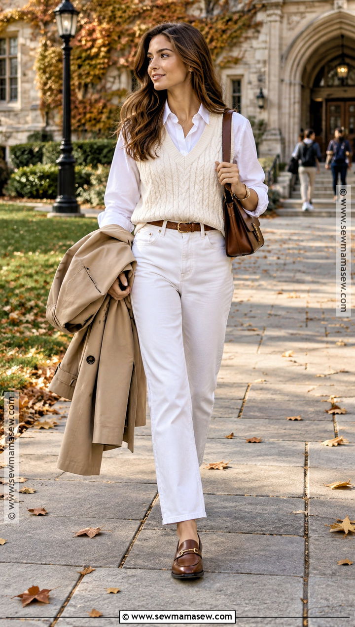 White Sweater Vest And Jeans Outfit - 20 white autumn outfit ideas