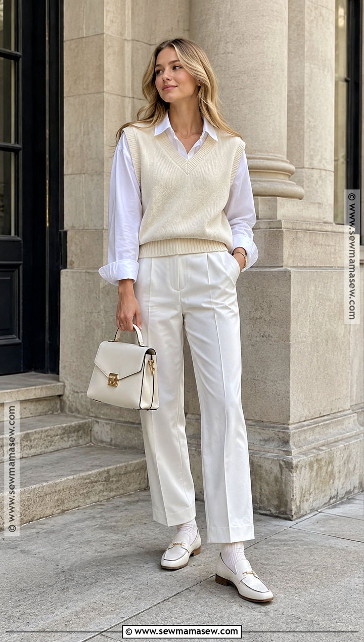 White Sweater Vest And White Shirt Outfit - 20 all white fall outfit ideas