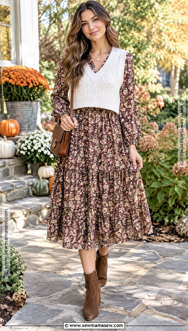 White Sweater Vest With Floral Midi Dress And Ankle Boots - 15 white sweater vest outfit fall ideas