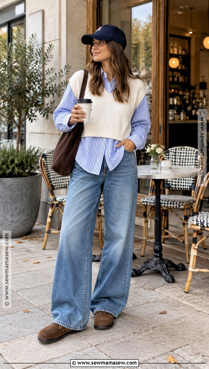 White Sweater Vest With Striped Shirt And Wide Leg Jeans - 15 white sweater vest outfit fall ideas