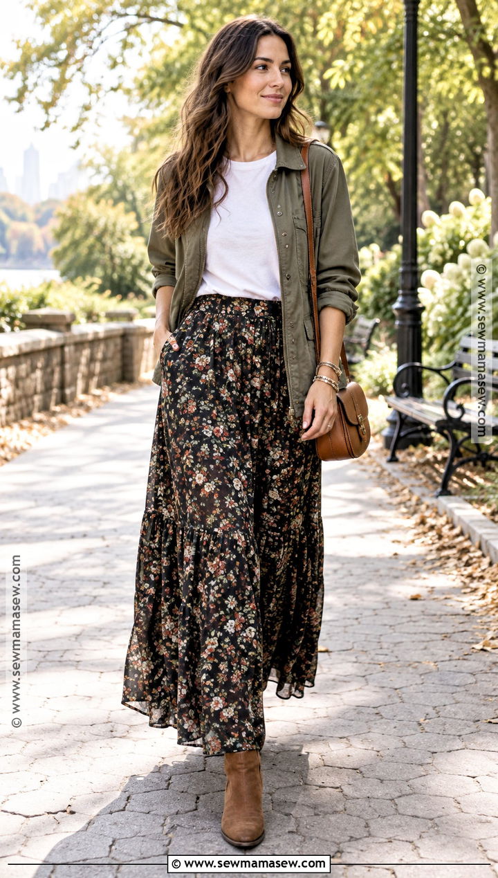 White T Shirt And Maxi Skirt Summer To Fall Outfit - 25 summer to fall outfits