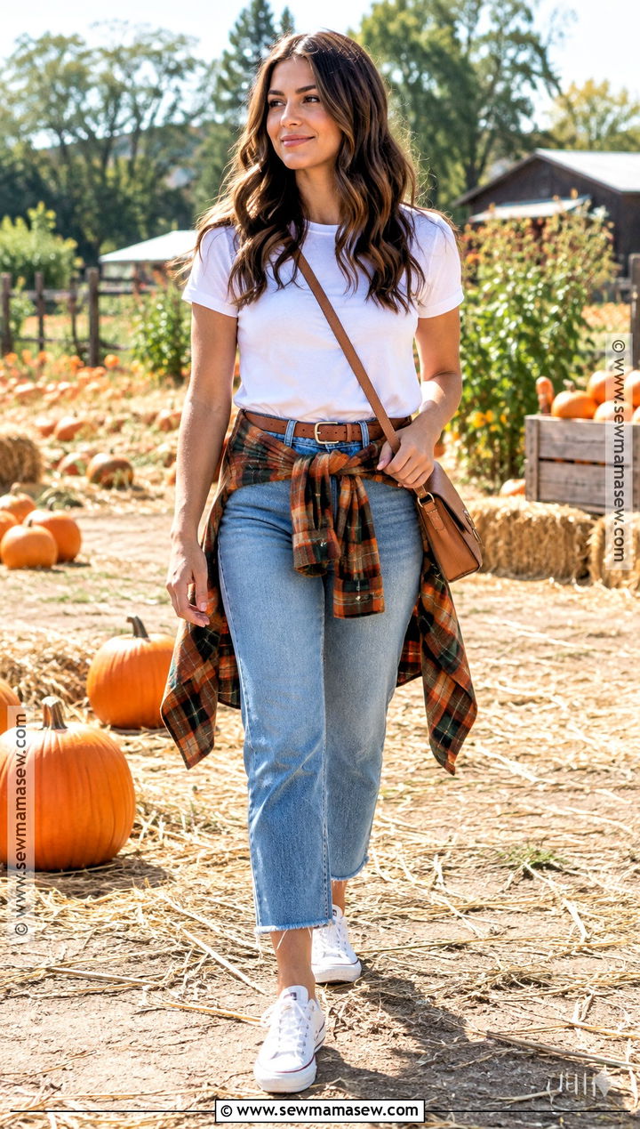 White T Shirt And Plaid Shirt Pumpkin Patch Outfit - 25 Pumpkin Patch Outfit Hot Weather Ideas