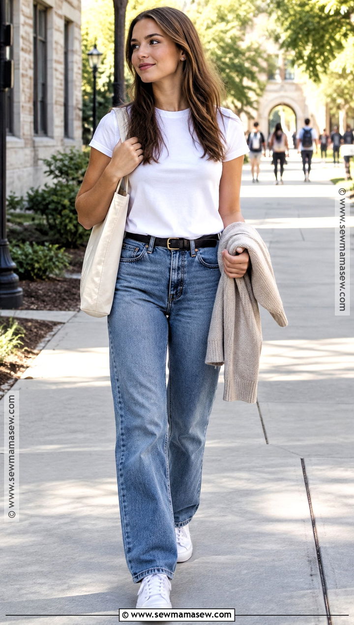White T Shirt And Straight Leg Jeans Back To School Outfit - 20 Cheap Back To School Outfits