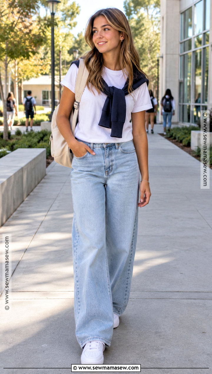 White T Shirt And Wide Leg Jeans School Outfit - 20 School Outfits September