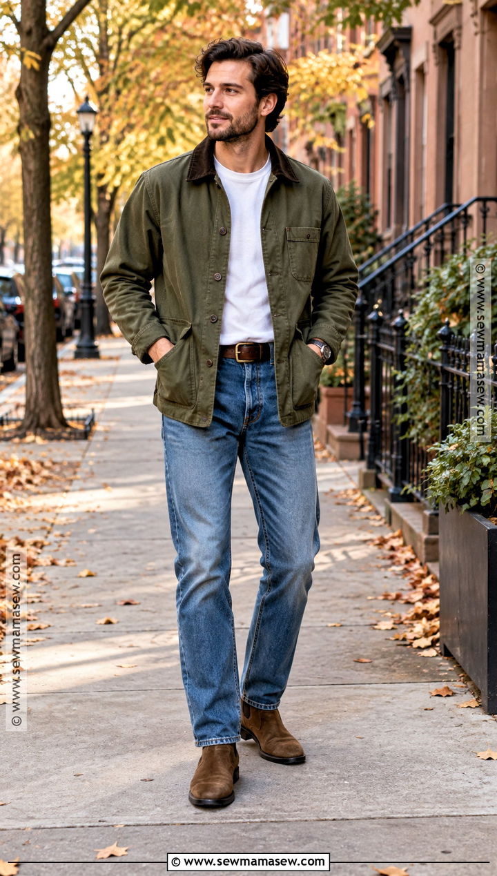 White T Shirt Chore Jacket and Jeans Outfit - 15 Casual Mens Fall Outfits