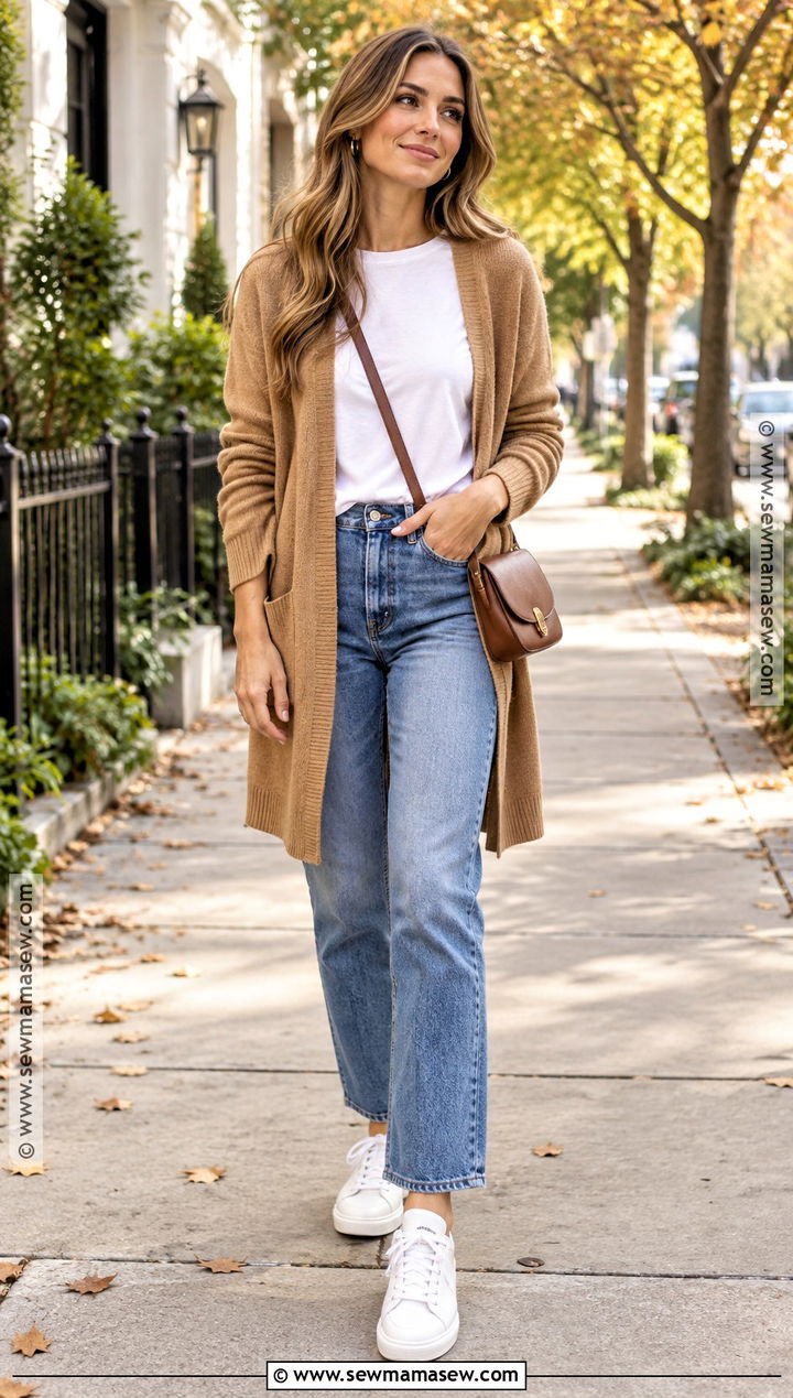 White T Shirt Straight Jeans Cardigan and Sneakers - 25 simple fall outfits