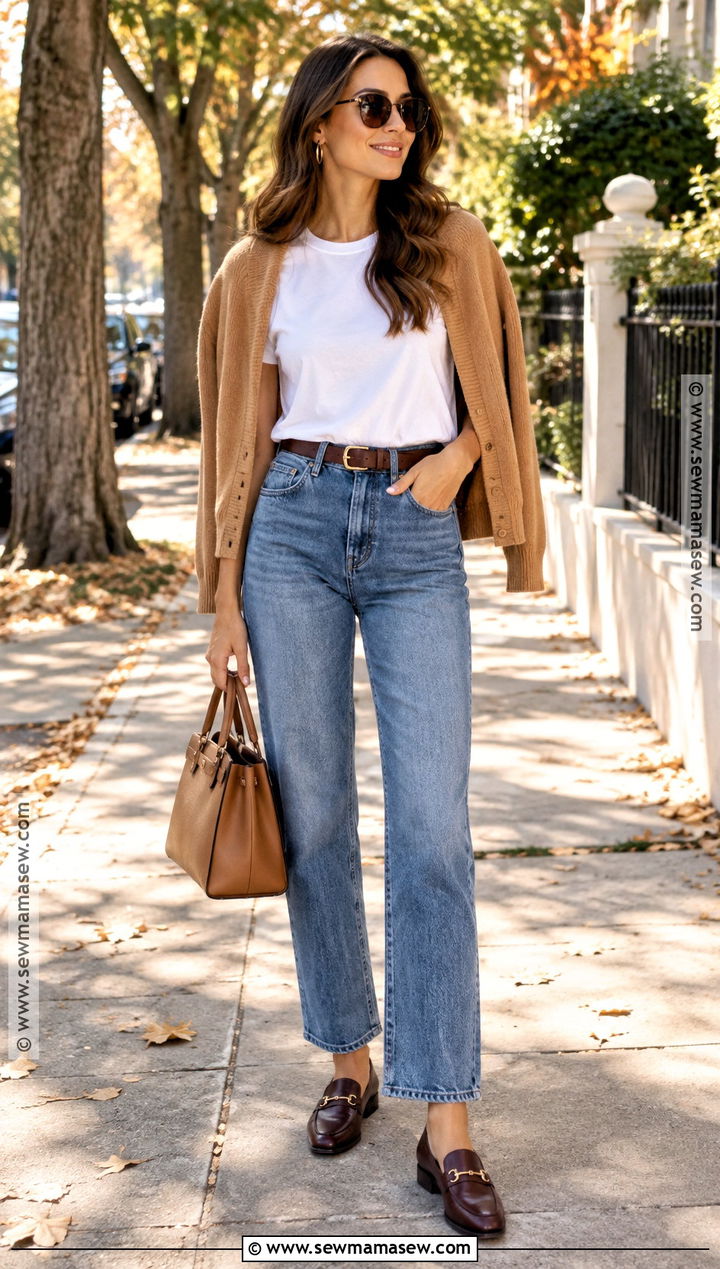 White T Shirt Straight Leg Jeans And Loafers - 25 sunny fall outfits