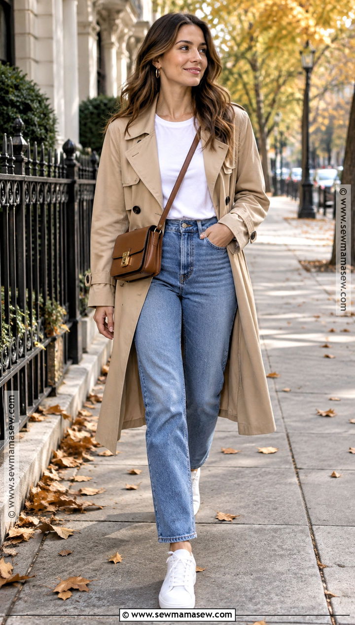 White T Shirt Straight Leg Jeans and Trench Coat - 15 simple casual fall outfits