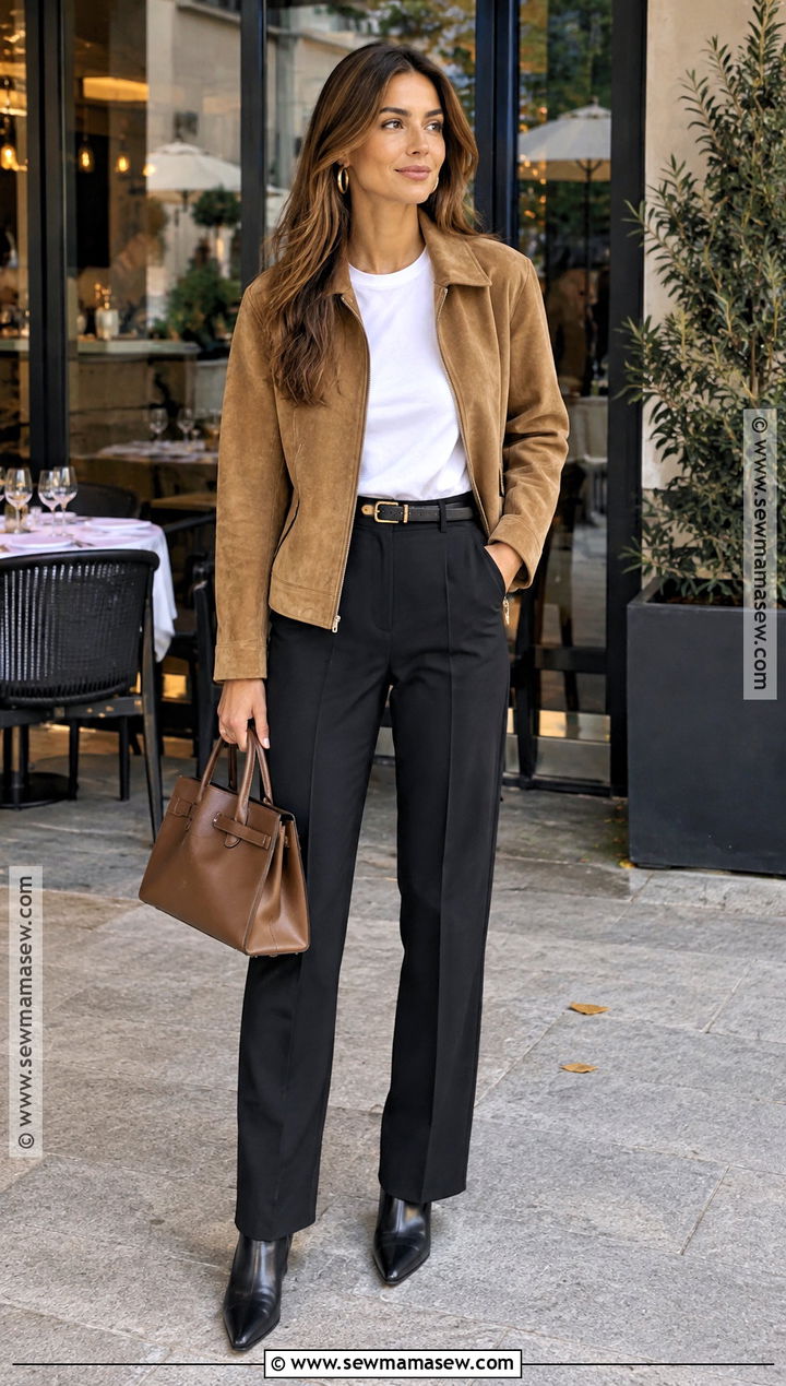 White T Shirt With Suede Jacket And Trousers - 20 fall clean girl outfits