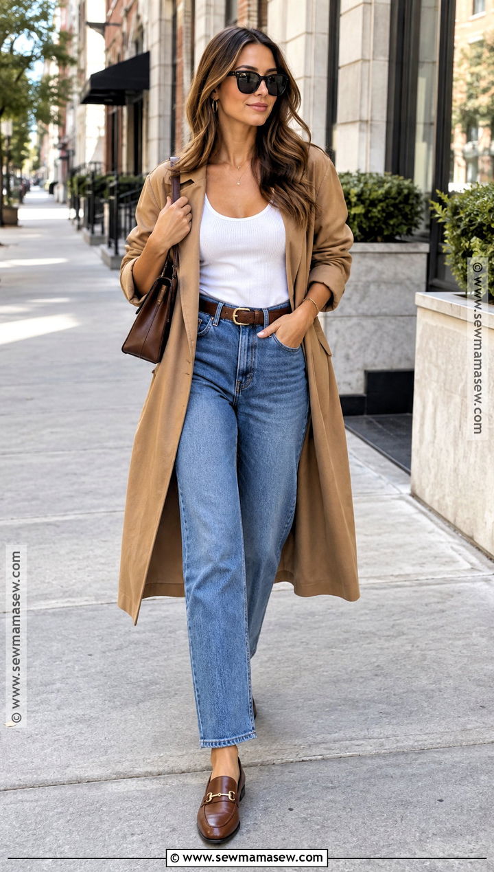 White Tank Top With Trench Coat And Jeans - 15 fall fashion tank top ideas