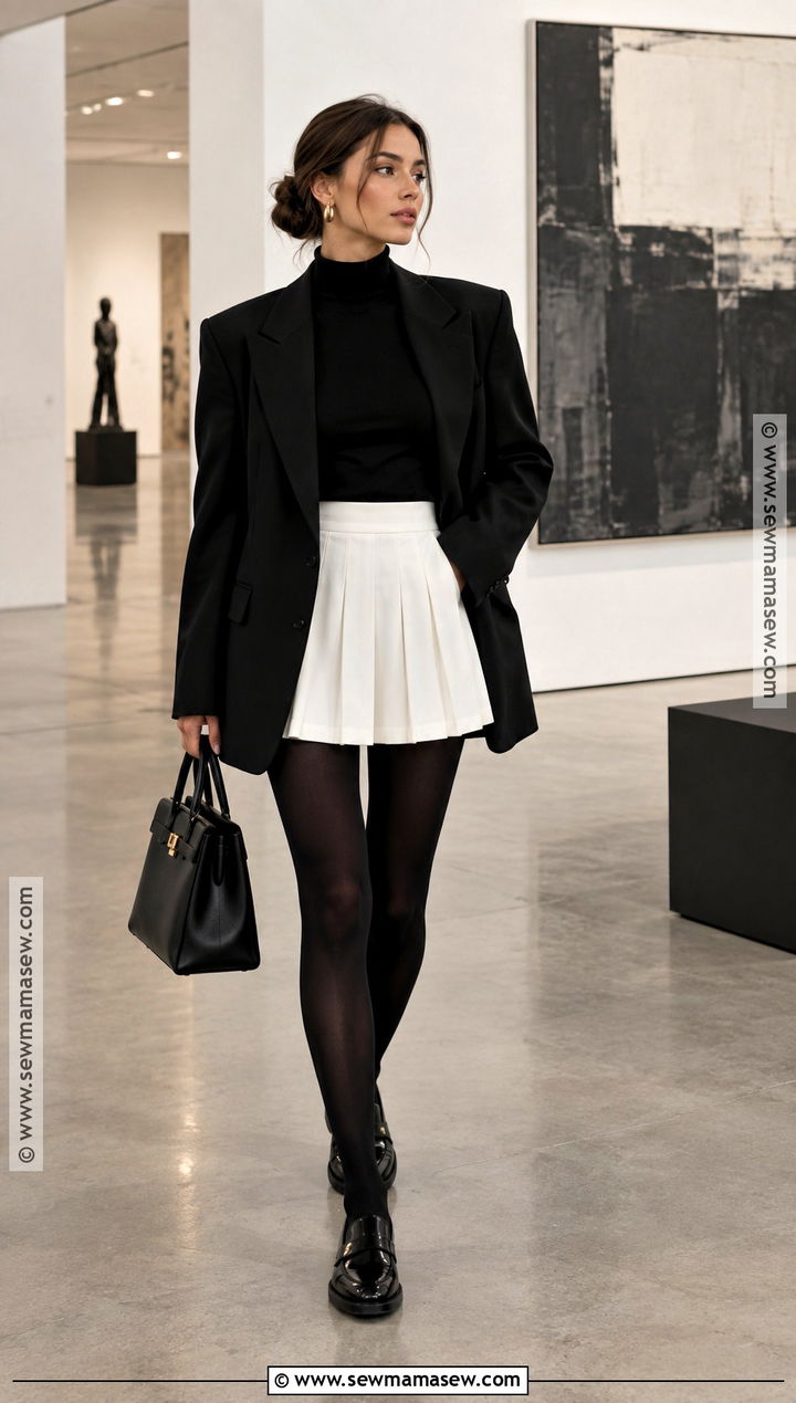 White Tennis Skirt With Black Blazer And Tights - 20 white tennis skirt outfit fall ideas