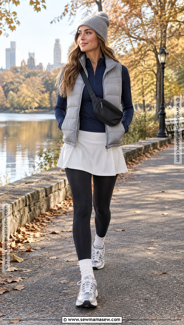 White Tennis Skirt With Puffer Vest And Quarter Zip - 20 white tennis skirt outfit fall ideas