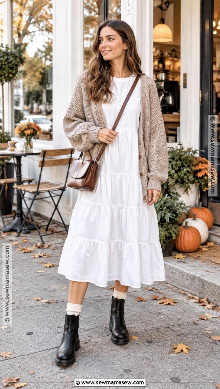 White Tiered Dress With Chunky Cardigan And Chelsea Boots - 20 white dress fall outfit ideas
