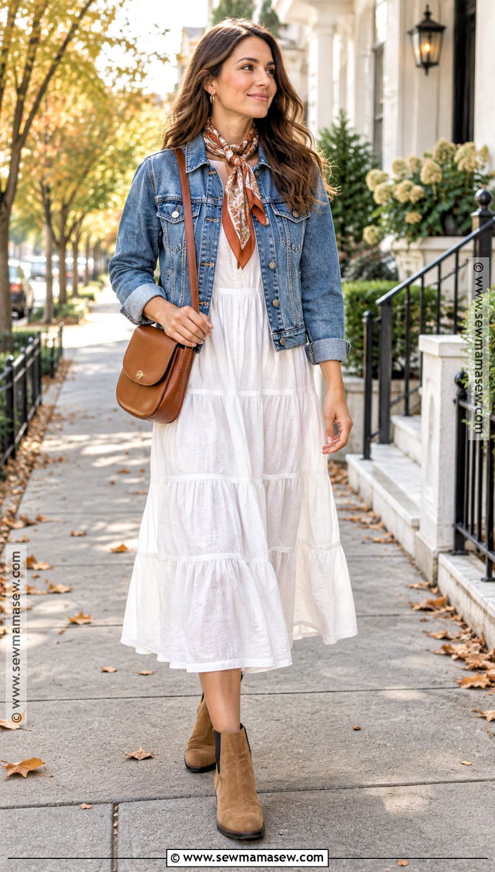 White Tiered Dress With Denim Jacket - 20 white dress autumn outfit ideas