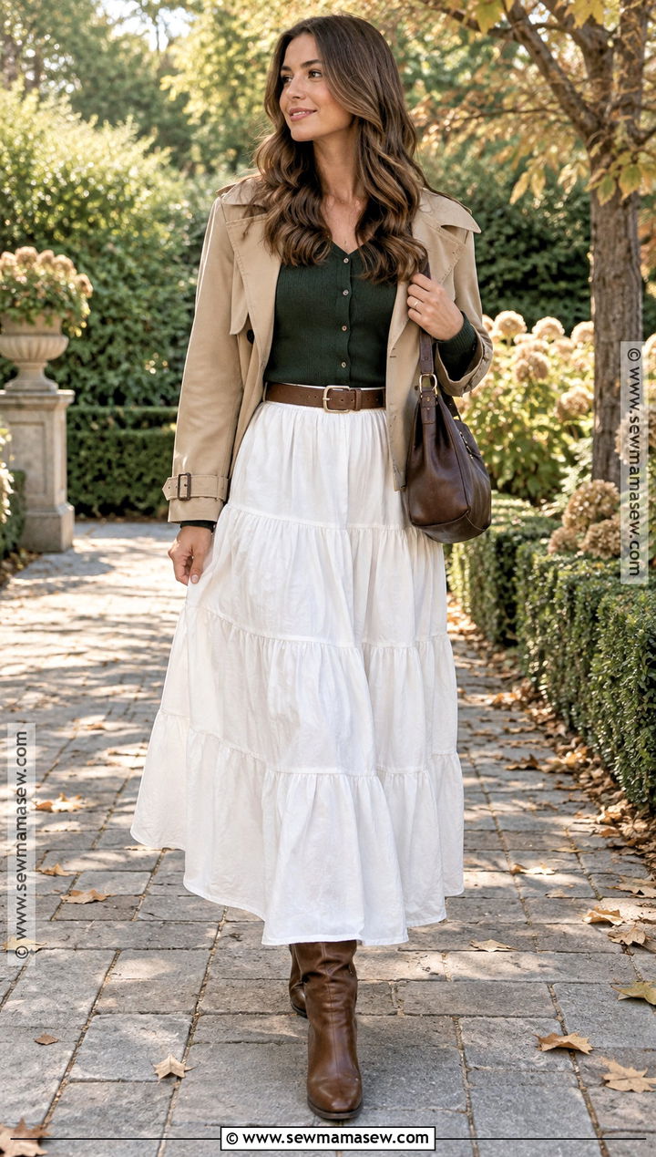 White Tiered Skirt With Fitted Cardigan - 20 fall white skirt outfits