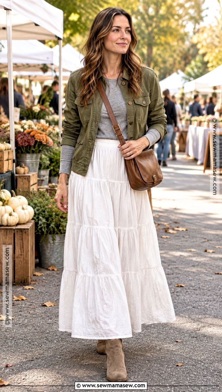 White Tiered Skirt With Olive Utility Jacket - 20 fall outfit white skirt ideas
