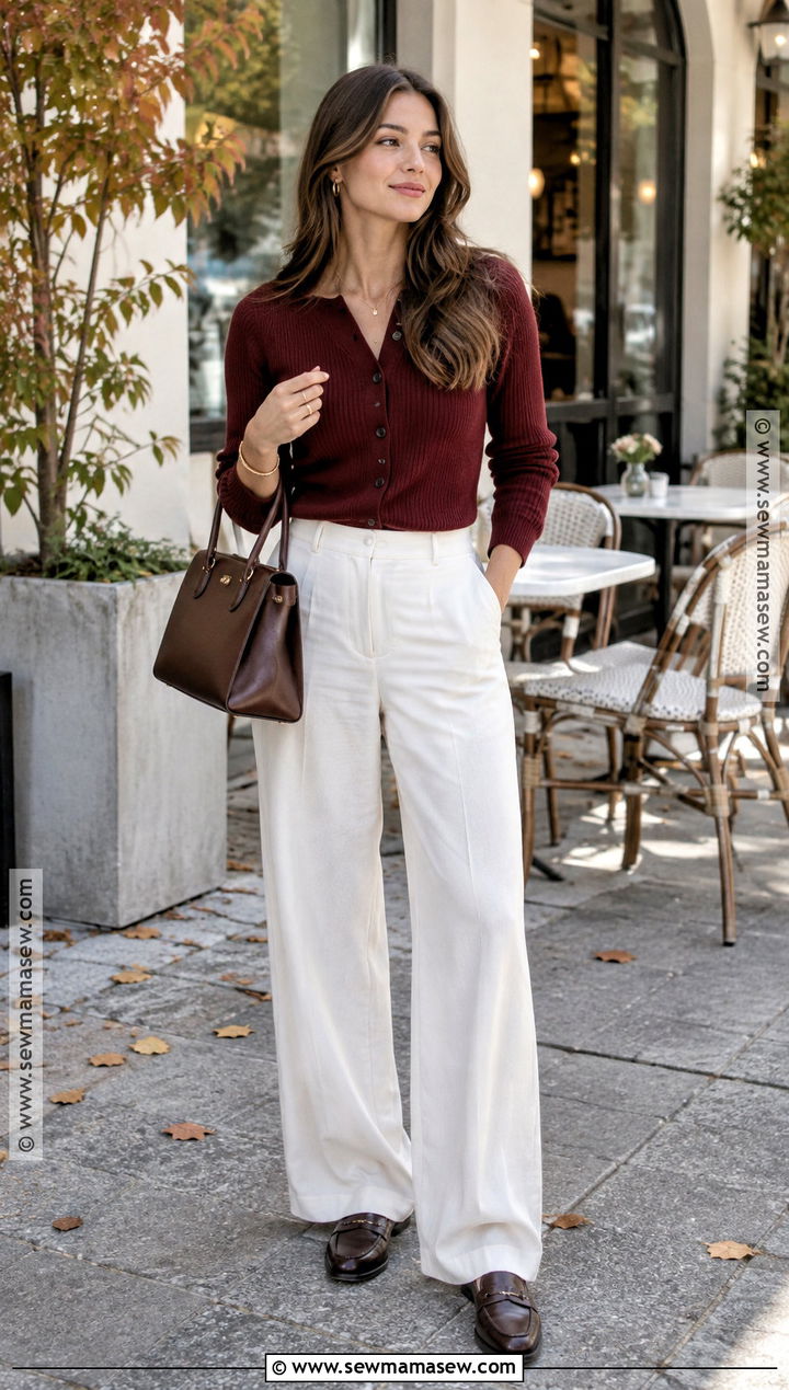White Trousers With A Burgundy Cardigan - 20 White Pant Fall Outfit Ideas
