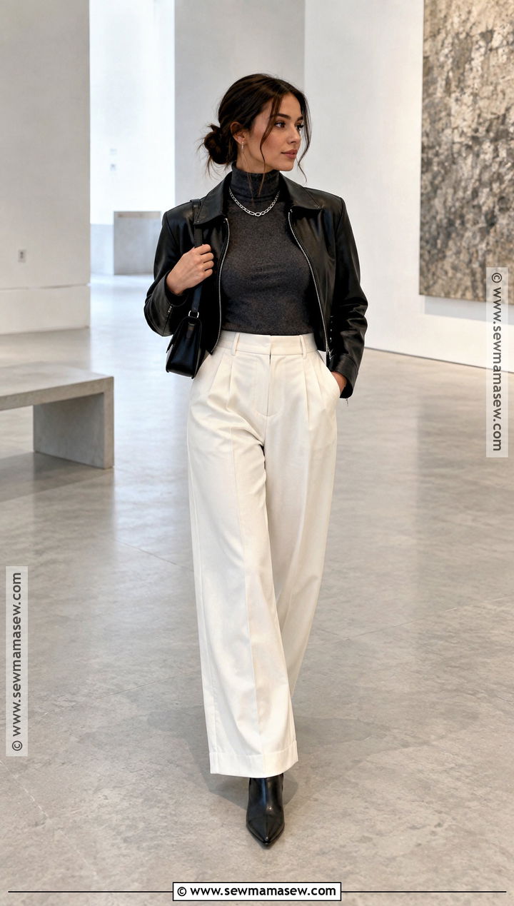 White Trousers With A Leather Jacket - 20 white trousers outfit autumn ideas