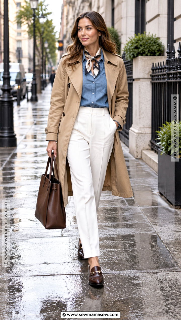 White Trousers With Chambray Shirt And Trench Coat - 25 white pants fall outfit